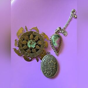 Vintage jewelry bundle: locket, brooch and Ruby Zoisite pendant
